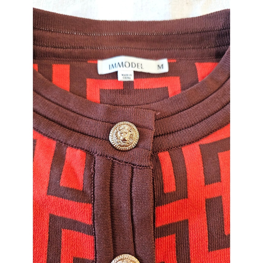 Orange Brown Designer Geometric Print Gold Button Front Cardigan Sweater Women M - Picture 6 of 8